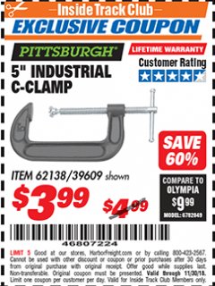 Harbor Freight ITC Coupon 5" INDUSTRIAL C-CLAMP Lot No. 62138/39609 Expired: 11/30/18 - $3.99