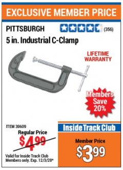 Harbor Freight ITC Coupon 5" INDUSTRIAL C-CLAMP Lot No. 62138/39609 Expired: 12/3/20 - $3.99