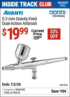 Harbor Freight Coupon AVANTI 0.3 MM GRAVITY-FEED DUAL-ACTION AIRBRUSH Lot No. 59292 Valid: 12/31/69 - 7/2/26 - $19.99