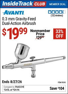 Harbor Freight ITC Coupon AVANTI 0.3 MM GRAVITY-FEED DUAL-ACTION AIRBRUSH Lot No. 59292 Valid Thru: 8/27/26 - $19.99