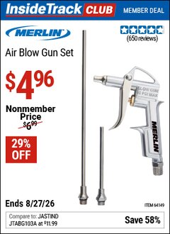 Harbor Freight Coupon MERLIN AIR BLOW GUN SET Lot No. 64149 Valid: 12/31/69 - 8/27/26 - $4.96