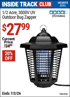 Harbor Freight ITC Coupon 1/2 ACRE, 3000V UV OUTDOOR BUG ZAPPER Lot No. 59709 Dates Valid: 12/31/69 - 7/2/26 - $27.99