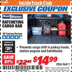 Harbor Freight ITC Coupon HAUL-MASTER RATCHETING CARGO BAR Lot No. 96811 Expired: 2/29/20 - $14.99