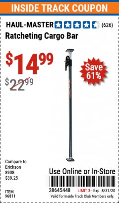 Harbor Freight ITC Coupon HAUL-MASTER RATCHETING CARGO BAR Lot No. 96811 Expired: 8/31/20 - $14.99
