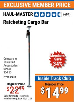 Harbor Freight ITC Coupon HAUL-MASTER RATCHETING CARGO BAR Lot No. 96811 Expired: 10/31/20 - $14.99
