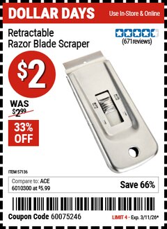 Harbor Freight Coupon RETRACTABLE RAZOR BLADE SCRAPER Lot No. 57136 Expired: 3/11/26 - $2