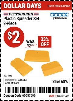 Harbor Freight Coupon PITTSBURGH PLASTIC SPREADER SET, 3-PIECE Lot No. 69563 Valid Thru: 3/11/26 - $2