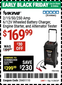 Harbor Freight Coupon VIKING 2/15/50/250 AMP, 6/12V WHEELED BATTERY CHARGER, ENGINE STARTER, AND ALTERNATOR TESTER Lot No. 59466 Expired: 11/28/24 - $169.99