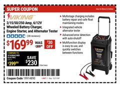 Harbor Freight Coupon VIKING 2/15/50/250 AMP, 6/12V WHEELED BATTERY CHARGER, ENGINE STARTER, AND ALTERNATOR TESTER Lot No. 59466 Expired: 12/1/24 - $169.99