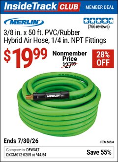 Harbor Freight ITC Coupon MERLIN 3/8 IN. X 50 FT. PVC/RUBBER HYBRID AIR HOSE, 1/4 IN. NPT FITTINGS Lot No. 58534 Valid Thru: 7/30/26 - $19.99