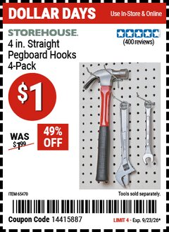 Harbor Freight Coupon STOREHOUSE 4 IN. STRAIGHT PEGBOARD HOOKS, 4-PIECE Lot No. 65470 Valid Thru: 9/23/26 - $1