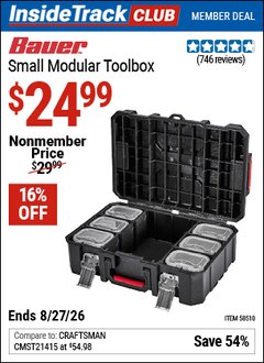 Harbor Freight ITC Coupon BAUER SMALL MODULAR TOOLBOX Lot No. 58510 Valid Thru: 8/27/26 - $24.99