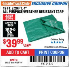 Harbor Freight ITC Coupon 19 FT. x 29 FT. 4" FARM QUALITY TARP Lot No. 2204/69200/60460 Expired: 4/23/19 - $39.99