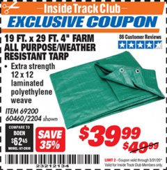 Harbor Freight ITC Coupon 19 FT. x 29 FT. 4" FARM QUALITY TARP Lot No. 2204/69200/60460 Expired: 3/31/20 - $39.99