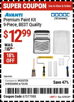 Harbor Freight Coupon AVANTI PREMIUM PAINT KIT, 9-PIECE, BEST QUALITY Lot No. 59781 Valid Thru: 8/30/26 - $12.99