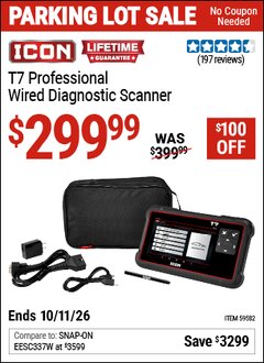 Harbor Freight Coupon ICON T7 PROFESSIONAL WIRED DIAGNOSTIC SCANNER Lot No. 59582 Expired: 10/11/26 - $299.99