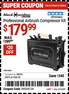 Harbor Freight Coupon BLACK WIDOW BY SPECTRUM PROFESSIONAL AIRBRUSH COMPRESSOR KIT Lot No. 59508 Valid Thru: 5/10/26 - $179.99