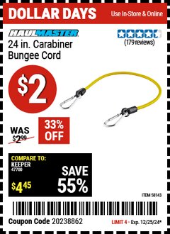 Harbor Freight Coupon 24 IN CARABINEER BUNGEE CORD Lot No. 58143 Expired: 12/25/24 - $2