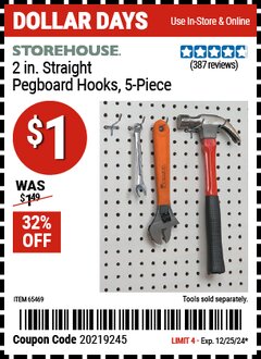 Harbor Freight Coupon STOREHOUSE 2 IN. STRAIGHT PEGBOARD HOOKS, 5-PIECE Lot No. 65469 Expired: 12/25/24 - $0.01