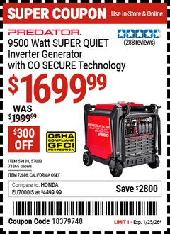 Harbor Freight Coupon PREDATOR 9500 WATT SUPER QUIET INVERTER GENERATOR WITH CO SECURE TECHNOLOGY, EPA Lot No. 71365/57080/59188/72886 Expired: 1/25/26 - $1699.99