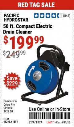 Harbor Freight Coupon 50 FT. ELECTRIC DRAIN CLEANER Lot No. 68285/61856 Expired: 8/31/20 - $199.99