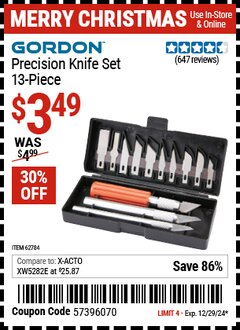 Harbor Freight Coupon GORDON PRECISION KNIFE SET, 13-PIECE Lot No. 62784 Expired: 12/29/24 - $3.49