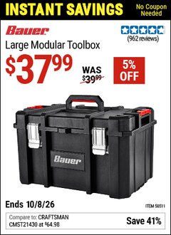 Harbor Freight Coupon BAUER LARGE MODULAR TOOLBOX Lot No. 58511 Valid Thru: 10/8/26 - $37.99
