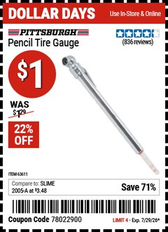 Harbor Freight Coupon PITTSBURGH PENCIL TIRE GAUGE Lot No. 63611 Expired: 7/29/26 - $1