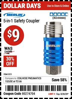 Harbor Freight Coupon MERLIN 5-IN-1 SAFETY COUPLER Lot No. 57571 EXPIRES: 8/26/26 - $9