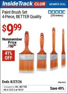Harbor Freight ITC Coupon PAINT BRUSH SET, 4-PIECE, BETTER QUALITY Lot No. 56976 Valid Thru: 8/27/26 - $9.99