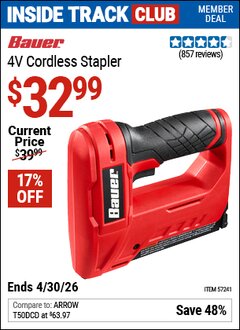 Harbor Freight Coupon BAUER 4V CORDLESS STAPLER Lot No. 57241 Valid: 12/31/69 - 4/30/26 - $32.99