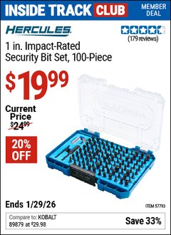 Harbor Freight ITC Coupon HERCULES 1 IN. IMPACT-RATED SECURITY BIT SET, 100-PIECE Lot No. 57793 Valid Thru: 1/29/26 - $19.99