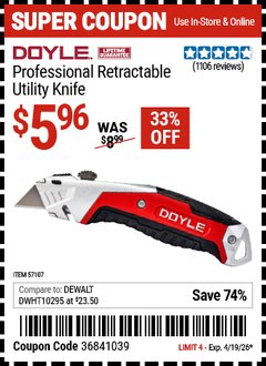 Harbor Freight Coupon DOYLE PROFESSIONAL RETRACTABLE UTILITY KNIFE Lot No. 57107 Valid Thru: 4/19/26 - $5.96