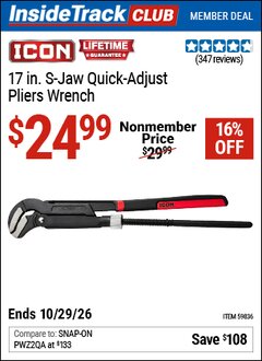 Harbor Freight ITC Coupon ICON 17 IN. S-JAW QUICK-ADJUST PLIERS WRENCH Lot No. 59836 Valid Thru: 10/29/26 - $24.99