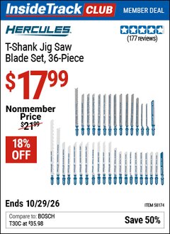 Harbor Freight ITC Coupon HERCULES T-SHANK JIG SAW BLADE SET, 36-PIECE Lot No. 58174 Valid Thru: 10/29/26 - $17.99