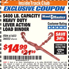Harbor Freight ITC Coupon 5400 LB. CAPACITY HEAVY DUTY LEVEL ACTION LOAD BINDER Lot No. 61453/36022 Expired: 8/31/18 - $14.99