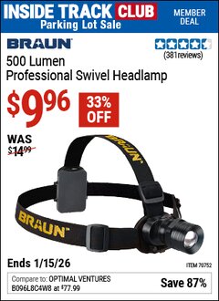 Harbor Freight ITC Coupon BRAUN 500 LUMEN PROFESSIONAL SWIVEL HEADLAMP Lot No. 70752 Expired: 1/15/26 - $9.96