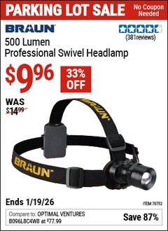 Harbor Freight Coupon BRAUN 500 LUMEN PROFESSIONAL SWIVEL HEADLAMP Lot No. 70752 Expired: 12/31/69 - $9.96