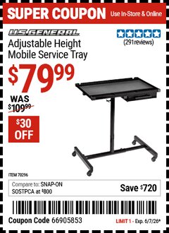 Harbor Freight Coupon U.S. GENERAL ADJUSTABLE HEIGHT MOBILE SERVICE TRAY, BLACK Lot No. 70296 Valid Thru: 6/7/26 - $79.99