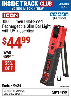 Harbor Freight ITC Coupon ICON 1000 LUMEN DUAL-SIDED RECHARGEABLE SLIM BAR LIGHT WITH UV INSPECTION Lot No. 70198 Expired: 4/9/26 - $44.99