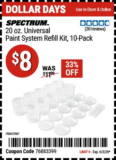 Harbor Freight Coupon SPECTRUM 20 OZ. UNIVERSAL PAINT SYSTEM REFILL KIT, 10-PACK Lot No. 57507 Valid Thru: 6/3/26 - $8