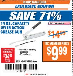 Harbor Freight ITC Coupon LEVER ACTION GREASE GUN Lot No. 63686/62966 Expired: 5/8/18 - $9.99