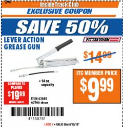 Harbor Freight ITC Coupon LEVER ACTION GREASE GUN Lot No. 63686/62966 Expired: 6/19/18 - $9.99