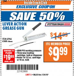 Harbor Freight ITC Coupon LEVER ACTION GREASE GUN Lot No. 63686/62966 Expired: 7/24/18 - $9.99