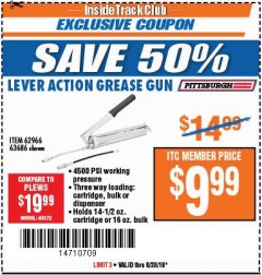 Harbor Freight ITC Coupon LEVER ACTION GREASE GUN Lot No. 63686/62966 Expired: 8/28/18 - $9.99