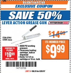 Harbor Freight ITC Coupon LEVER ACTION GREASE GUN Lot No. 63686/62966 Expired: 8/28/18 - $9.99