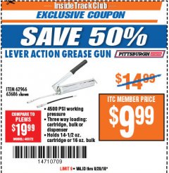 Harbor Freight ITC Coupon LEVER ACTION GREASE GUN Lot No. 63686/62966 Expired: 8/28/18 - $9.99