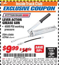 Harbor Freight ITC Coupon LEVER ACTION GREASE GUN Lot No. 63686/62966 Expired: 10/31/18 - $9.99
