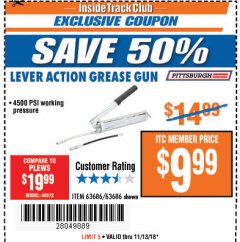Harbor Freight ITC Coupon LEVER ACTION GREASE GUN Lot No. 63686/62966 Expired: 11/13/18 - $9.99