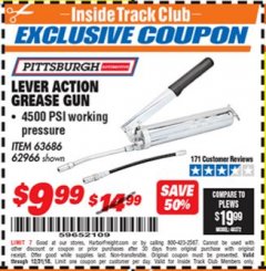 Harbor Freight ITC Coupon LEVER ACTION GREASE GUN Lot No. 63686/62966 Expired: 12/31/18 - $9.99